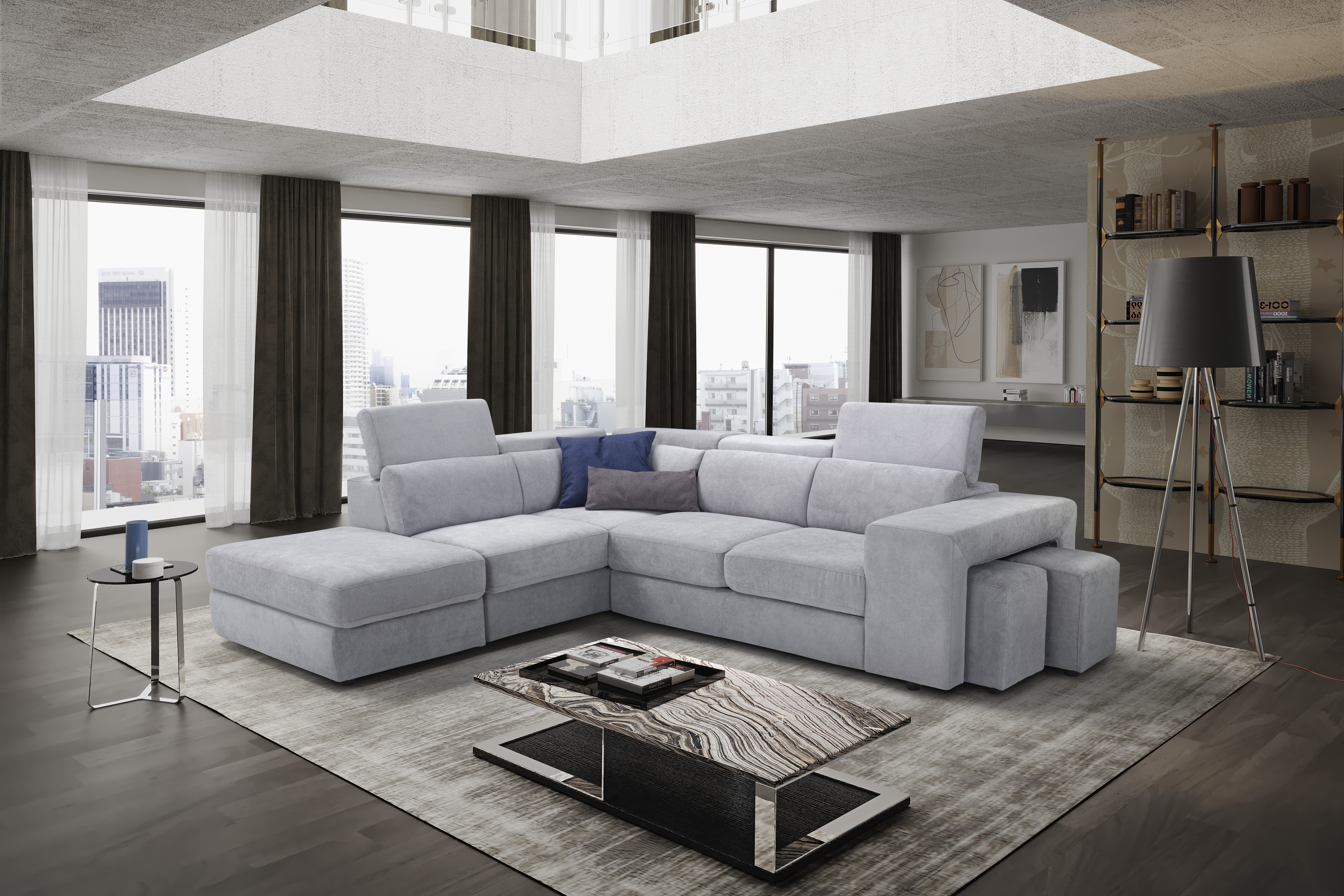 Divano Charlotte Angolare - con Letto Estraibile e Pouf Contenitore